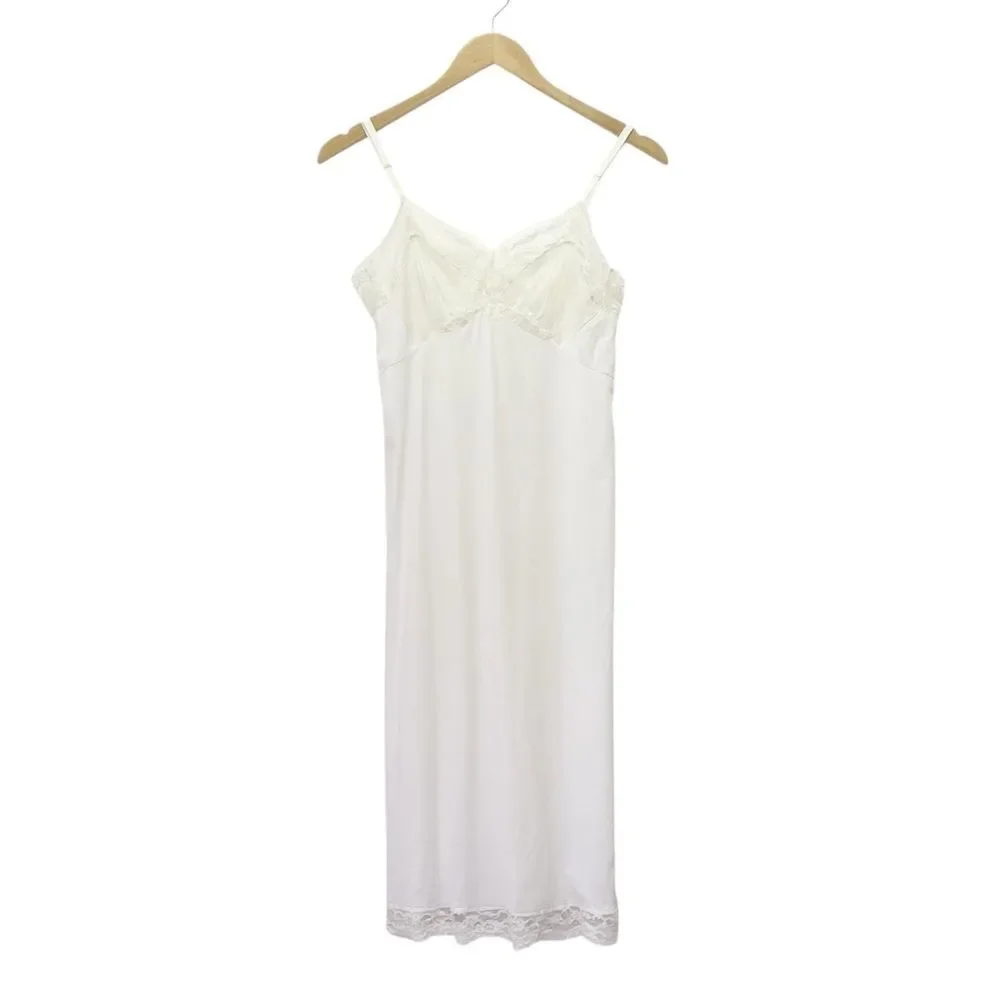 Vintage White Nylon Full Slip Lace Trim Adjustable Straps 1950s Era Lingerie